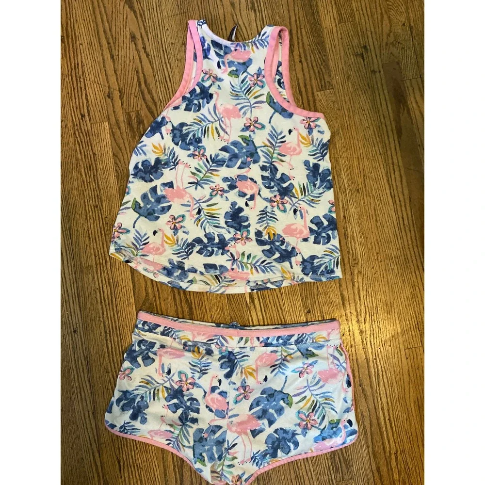 Jaclyn Intimates Flamingo Tropical Pajama Set Tank and Shorts Blue Pink Medium